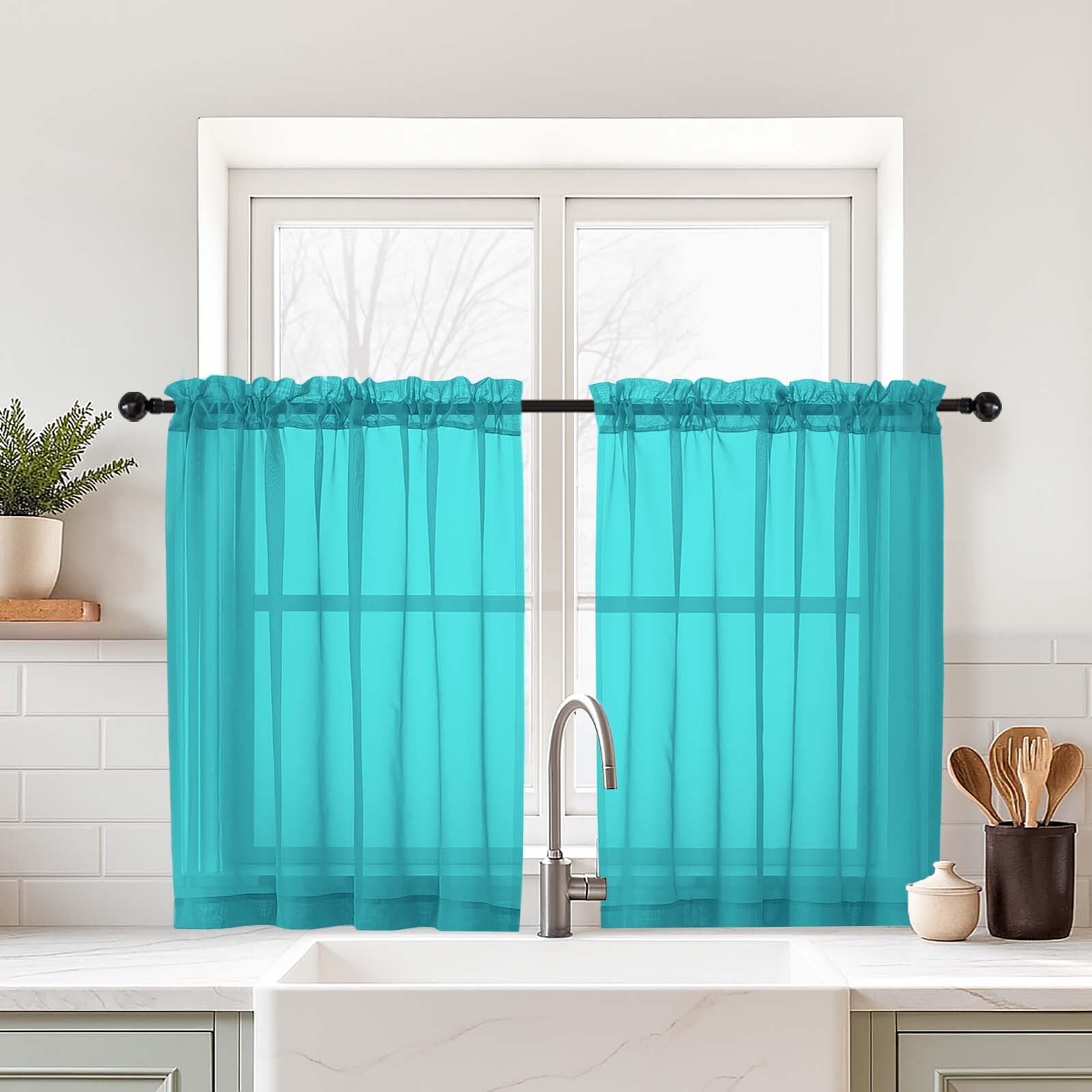 Ebesto Turquoise Sheer Curtains Tier 30 Inches Length 2 Panels, Light Filtering Lightweight Soft Window Treatments Drapes, Cute Elegant Cafe Curtains for Nursery, Dual Rod Pocket, 2x42Wx30L Inches