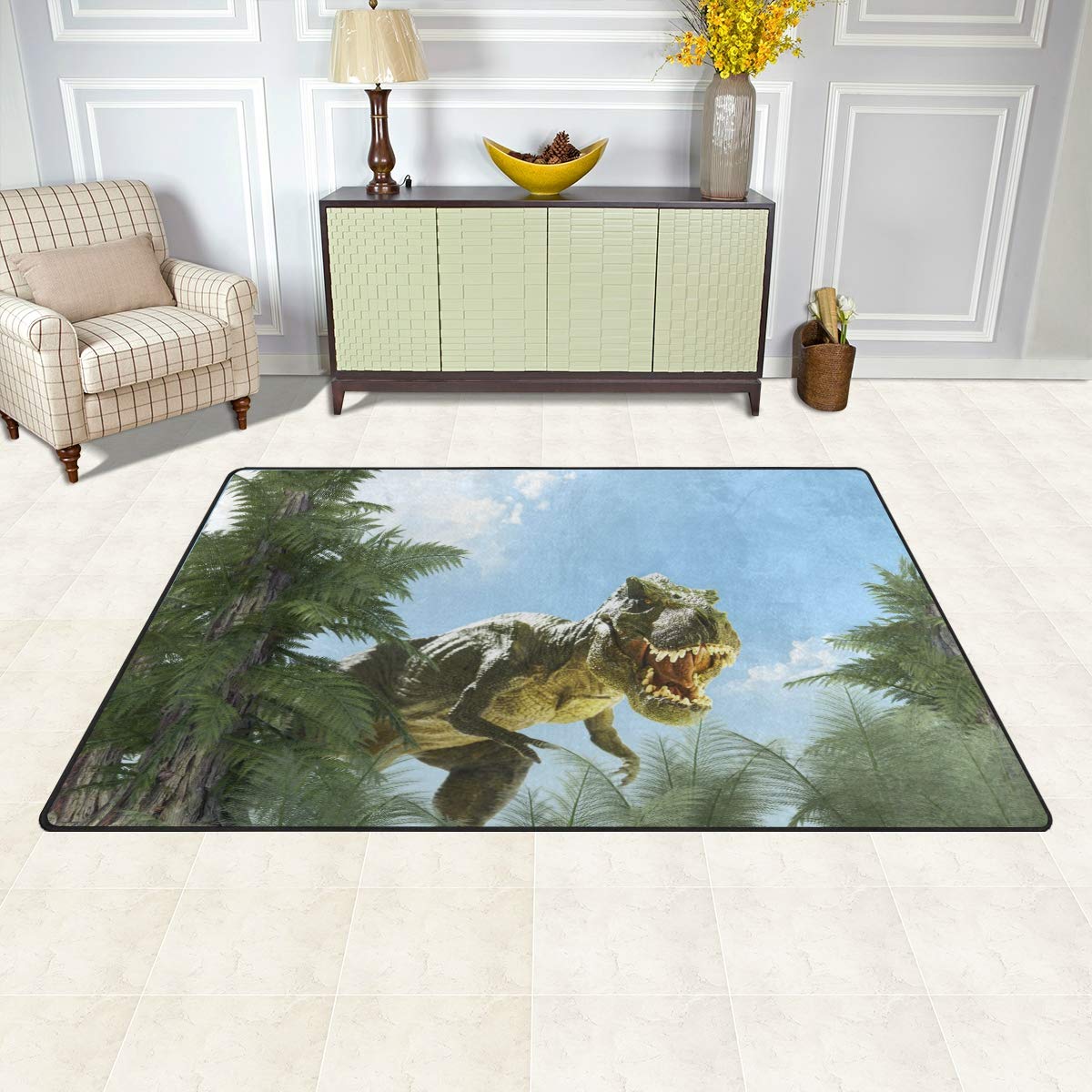 Mnsruu Tapis antidérapant pour Chambre d'enfant Motif forêt et Dinosaure, Tissu, Multicolore, 100 x 150 cm(3' x 5' ft)