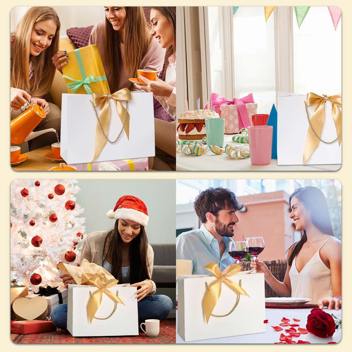 4 Sacchetti Regalo Di Carta Grandi 32x26x11 Cm – Ispessiti Con Fiocco Dorato E Manico In Corda