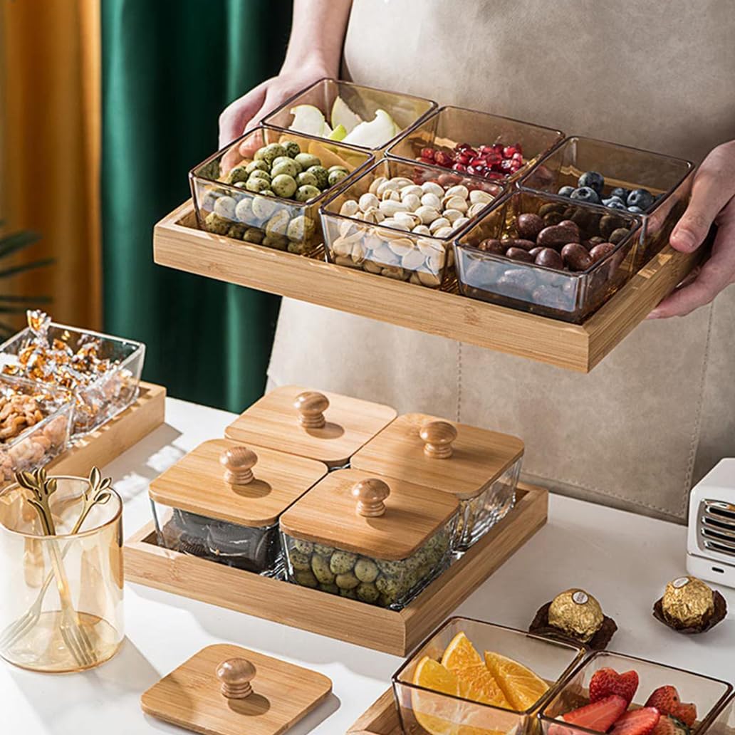Plateau de service divisé en bambou avec couvercle, organiseur de collations carré pour fêtes, plateau de fruits en bois et boîte de rangement pour bonbons