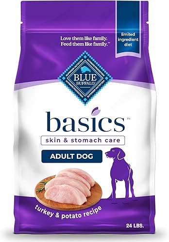 Blue Buffalo Basics Cuidado de la piel y el estómago, alimento seco natural para perros adultos, pavo y patata, 24 libras