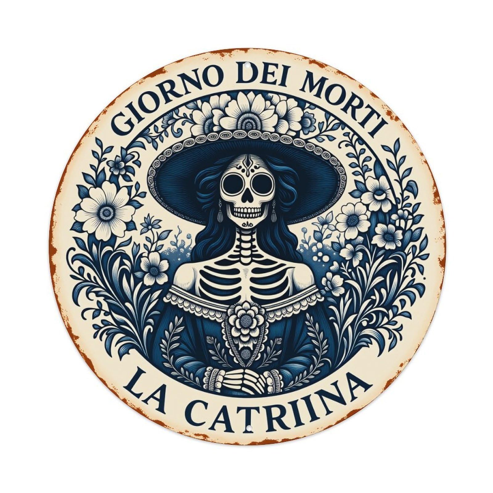 Lzwbntey Vintage Day Of The Dead Catrina Metal Tin Sign Retro Wall Decor For Home Bar Garage Cafe, Indoor & Outdoor Decorative，Circle Metal Poster, 8X8 Inch