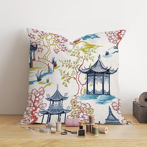Vista 861 de ArogGeld Chinoiserie - Fundas de almohada escénicas asiáticas, estilo asiático, funda de almohada azul y verde Kelly, funda de cojín para decoración
