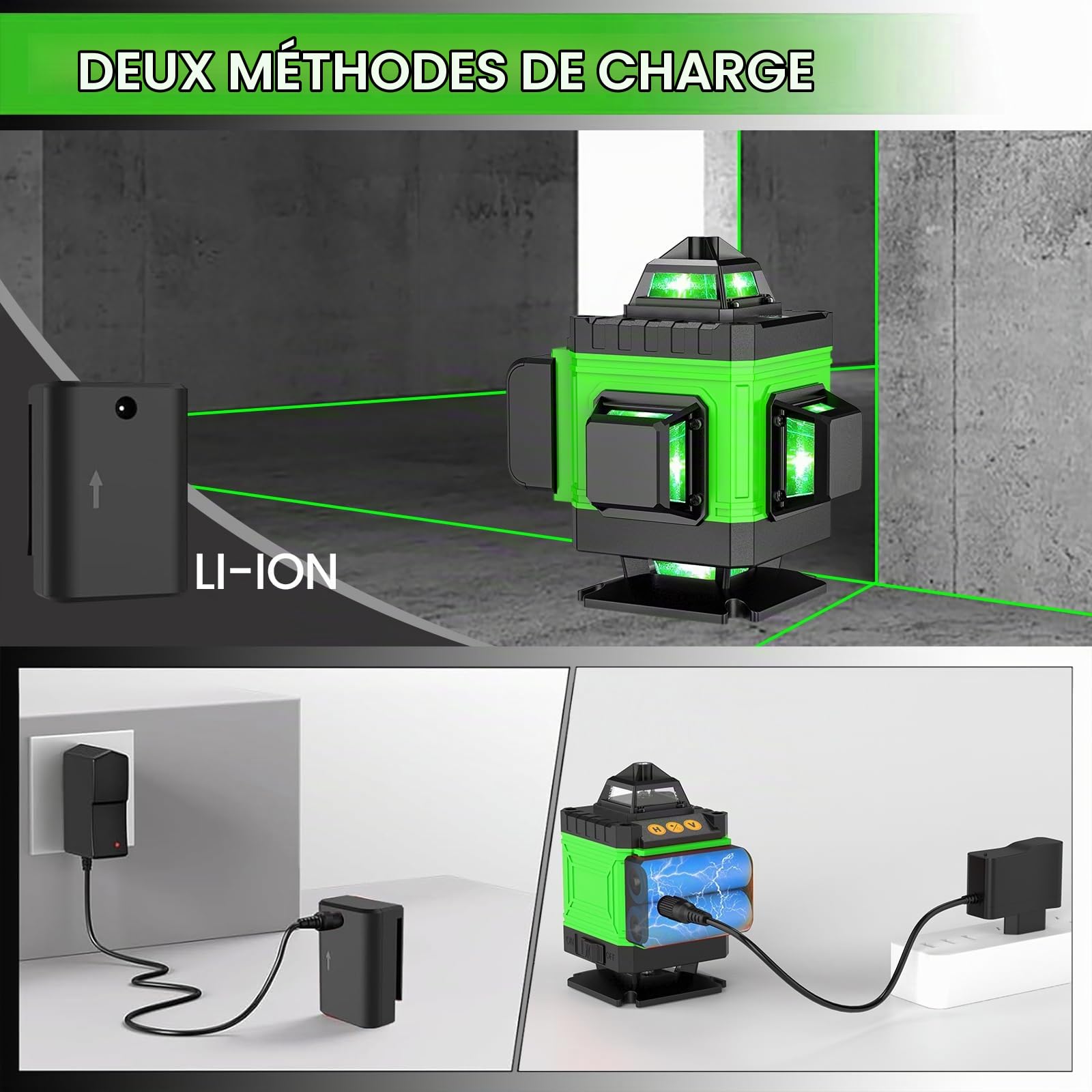 Niveau Laser, 4D 16 Lignes Niveau Laser Vertical Horizontal Autonivelant avec 2 * Batteries rechargeables 2600 mAh (A+avec trepied+box)