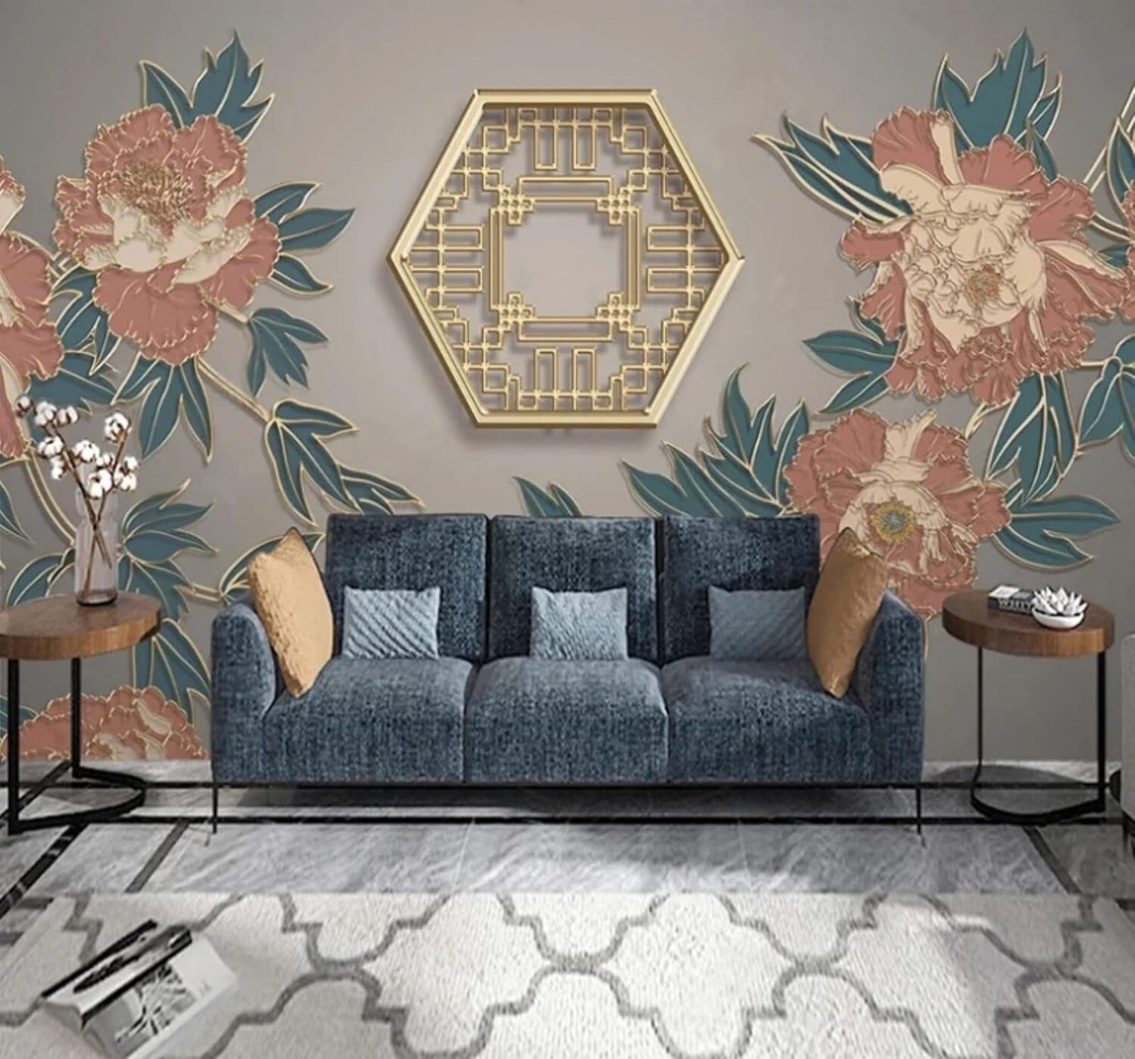 XLMING Creative Classical Gold Window Lace Peony 3D Wallpaper Luxury Silk Study Dining Feature Sofa Grey Bedroom Living Room Tv Decorative Wall-350cm×256cm
