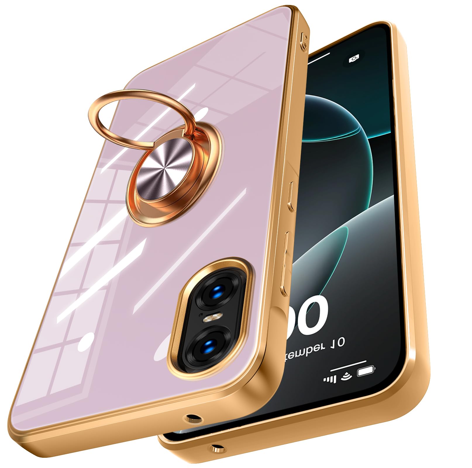 Xperia 10 VI 用 ケース SO-52E SOG14 XQ-ES44 ケース リング付き 耐衝撃 ストラップホール付き メッキ加工 米軍MIL規格 透明 衝撃吸収 スタンド機能 おしゃれ TPU 車載ホルダー対応 エクスペリア 10 VI カバー 紫 Q-6DZH-04-03