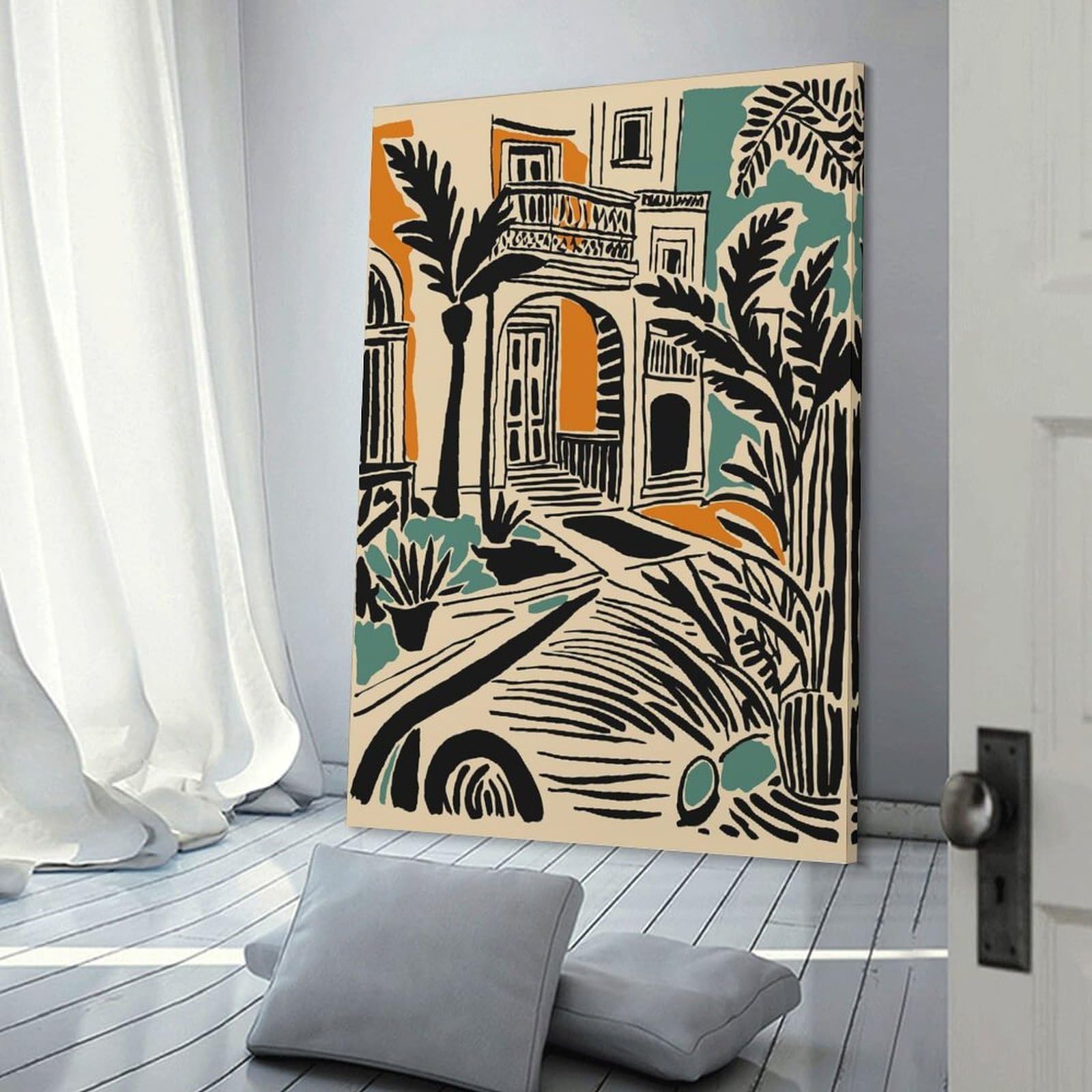 Junmoney Tropical Courtyard with Balcony Wall Picture Print 20x30inch(50x75cm), for Hallway, Lounge Or Guest Room, Gift Idea for Housewarming And Birthdays