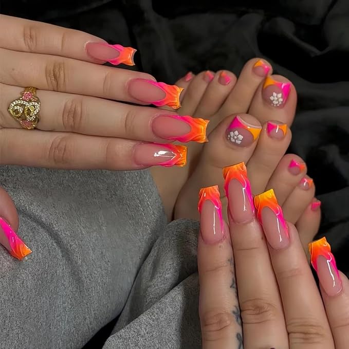 🔥 Gradient Orange & Pink French Tip Press-On Nails 🔥