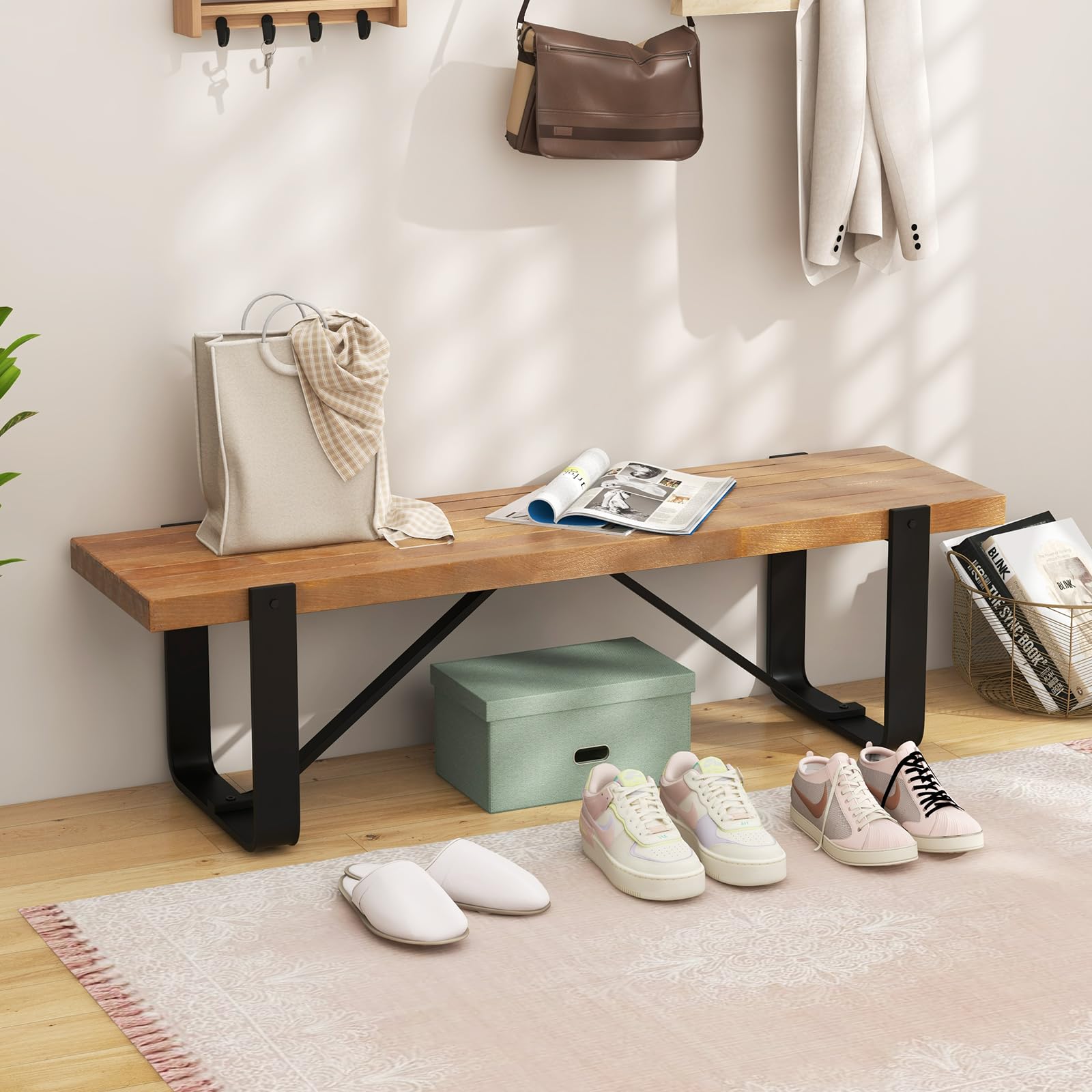 KOMFOTTEU Banc de salle à manger 152,5 x 43 cm en bois avec pieds en métal - Banc de table en bois sans dossier - Banc de cuisine avec pieds en U - Banc de couloir - Charge maximale : 300 kg