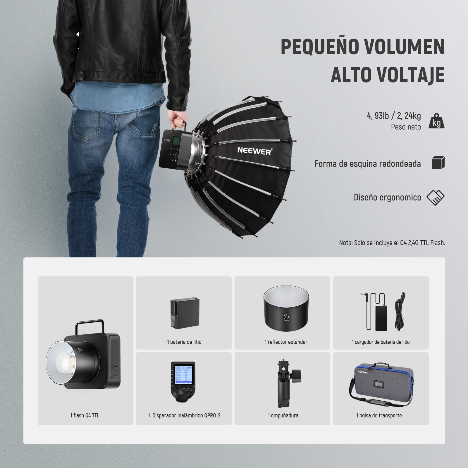NEEWER Q4 400Ws Flash Estroboscópico 2.4G TTL Disparador QPRO-S Compatible con Sony 1/8000 HSS/Lámpara de Modelado 30W/400 Potencia Completa/Reciclaje 0.01-1.2s/Batería 21.6V 2800mAh para Fotografía