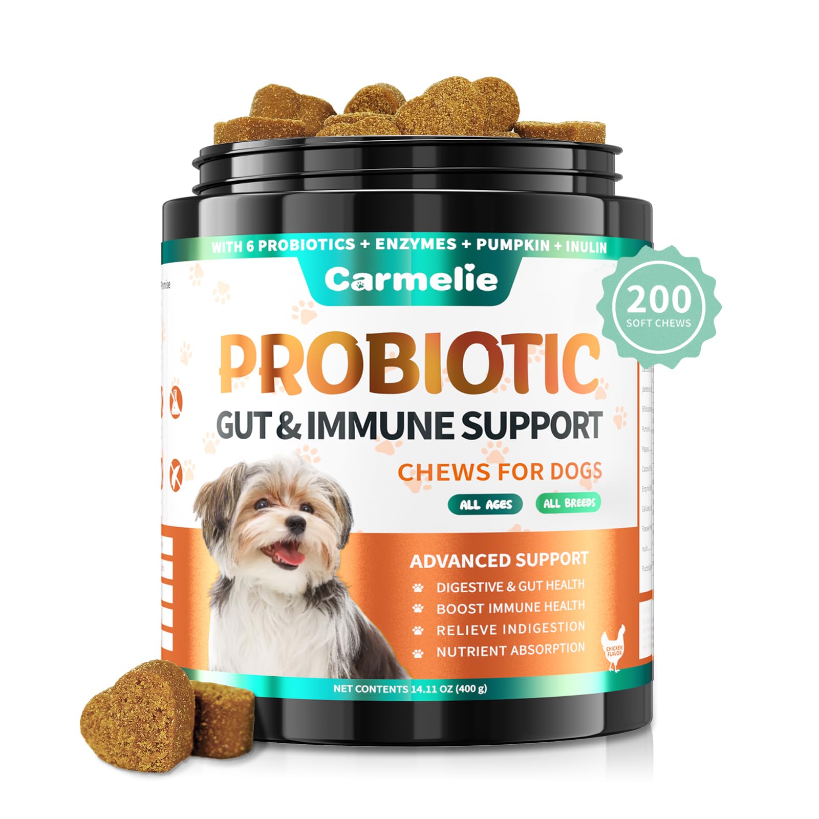 Carmelie Probiotics for Dogs, 200 Soft Chews Digestive Probiotics & Enzymes for Gut Health with Pumpkin, Fibre for Dogs Anti Diarrhea, Upset Stomach, Gas Relief, Itchy Skin & Immune Support (Chicken)