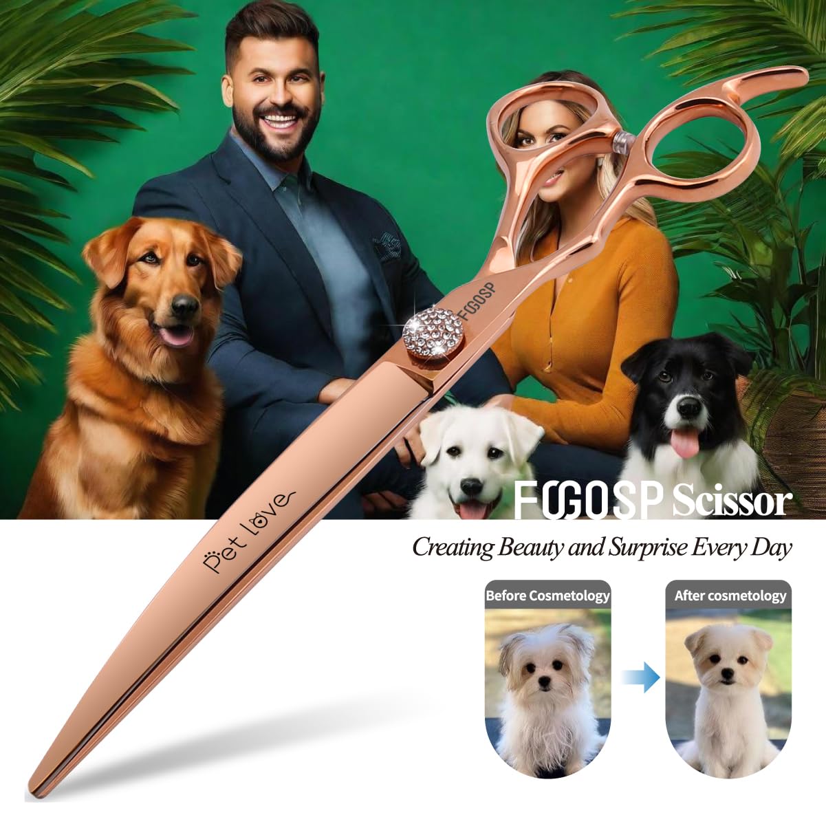 Professionelle linke Hände gebogenen Hund Pflege Schere 8 '' nach unten 30 ° Rose Gold Titan Japan 440C Haustier Pflege Schnitt Schere für große Hund Pudel (8, gebogen)