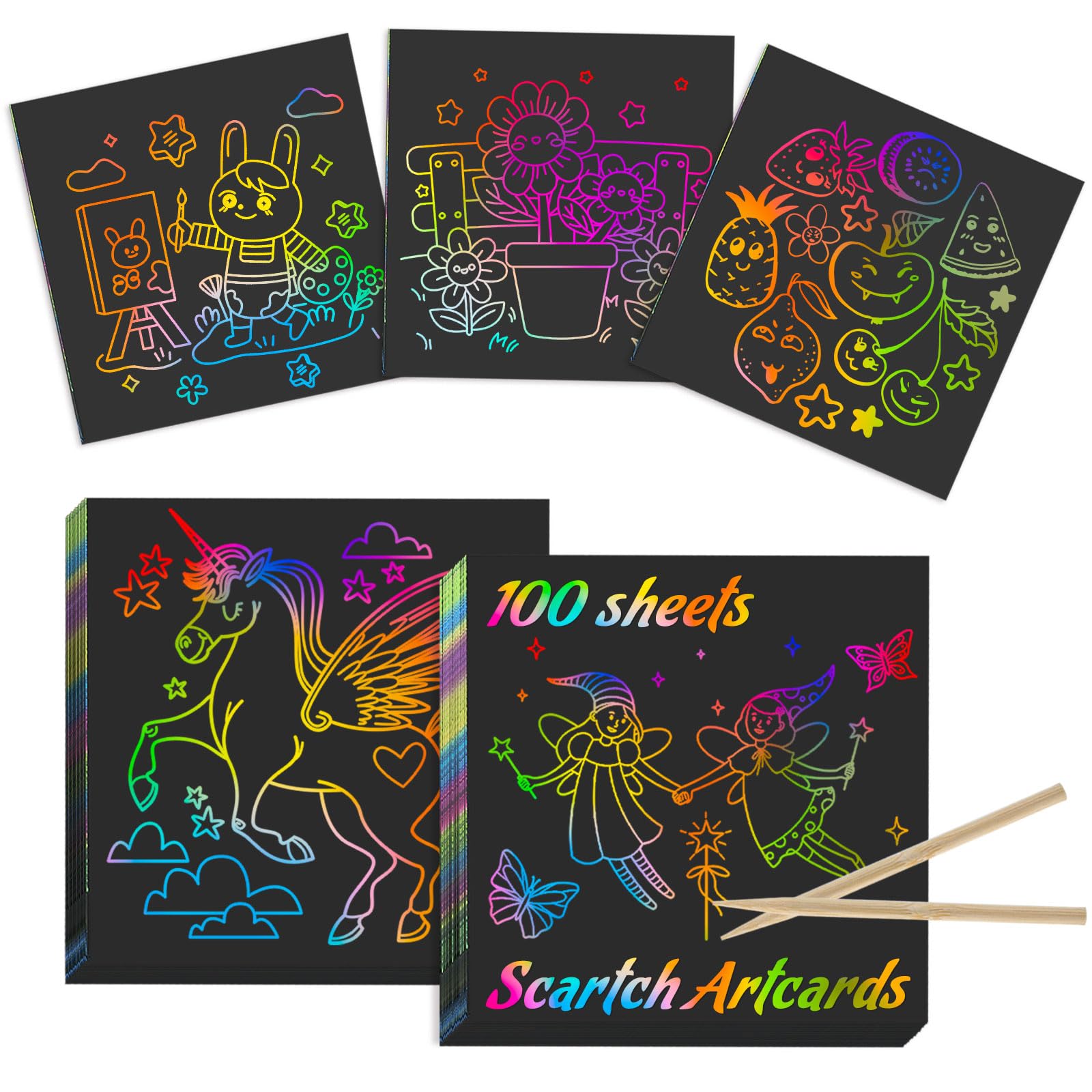 Kesote Rainbow Scratch Off Mini Notes with 2 Bamboo Pens 100 Sheets of Black Note Paper with Rainbow Colour background for Kids Art Craft Projects and Notes Making