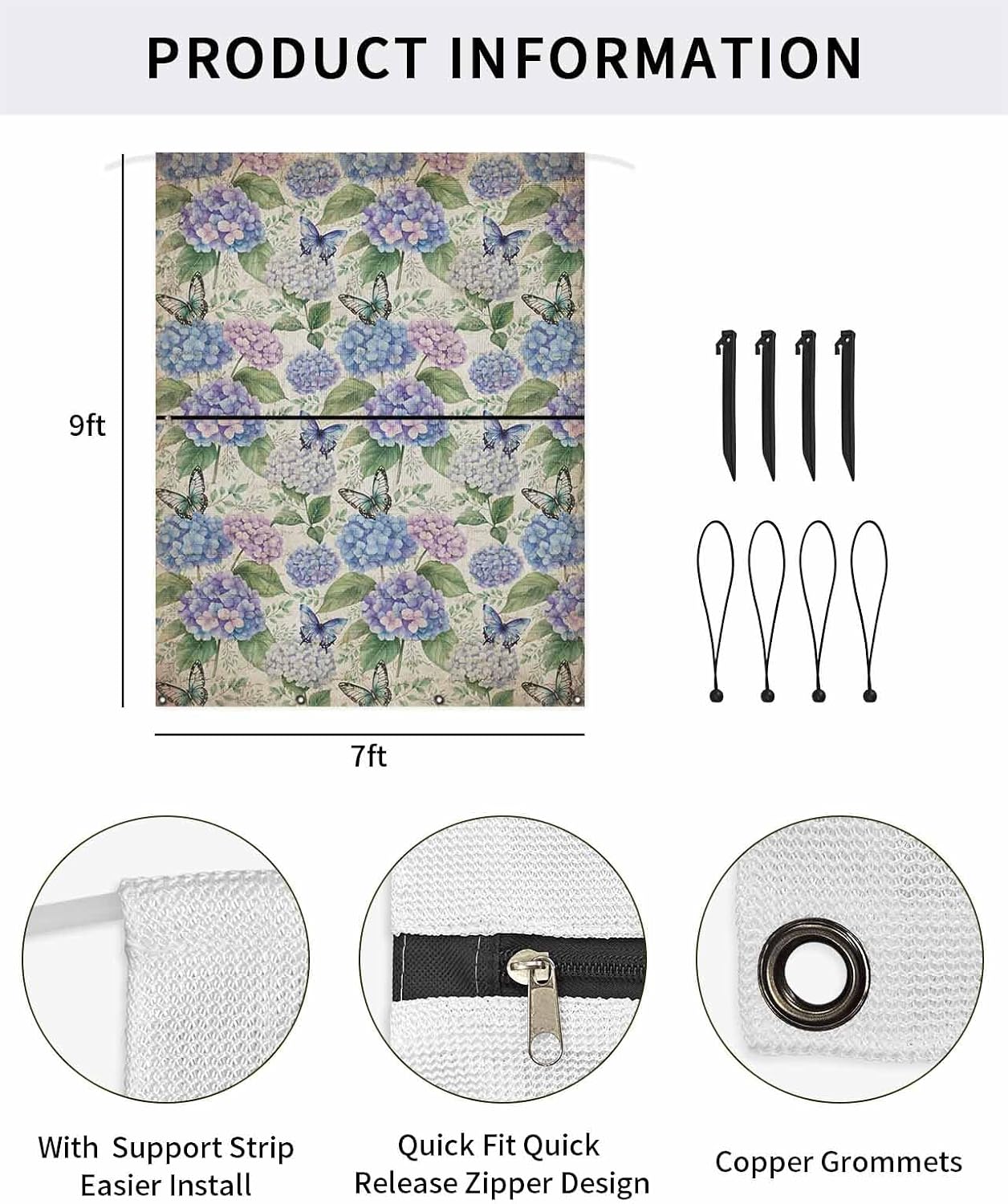 Spring Hydrangea RV Awning Sun Shade Screen 9' x 7' Watercolor Purple Pink White Floral Leaf Vintage Paper Mesh Shade Screen with Zipper UV Blocker Awning Completed Kits for Motorhome Camper Trailer