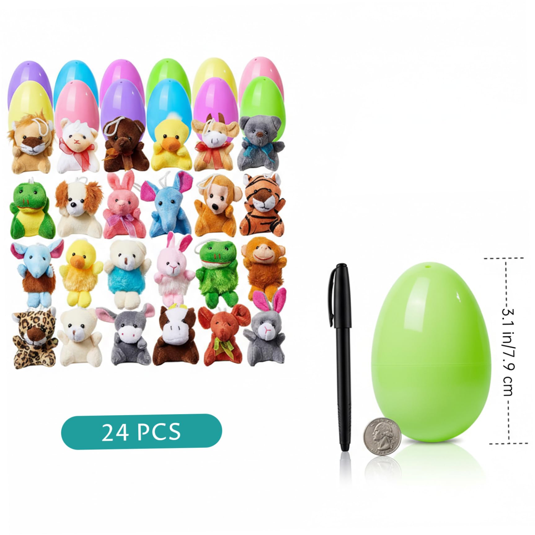 24 pièces de remplissage d'œufs de Pâques, œufs Pâques remplis plastique avec des animaux en peluche surprise pour enfants, paniers, cadeaux fête et vacances