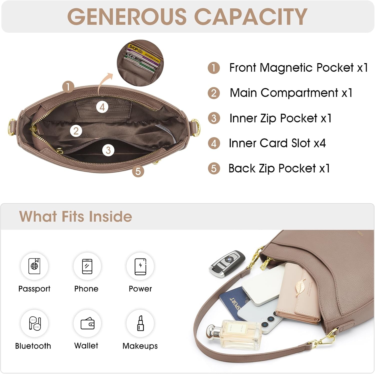 Kattee Leather Crossbody Bags for Women, Small Purses and Handbags, Soft Hobo Shoulder Satchel with Zipper Closure - Image 4