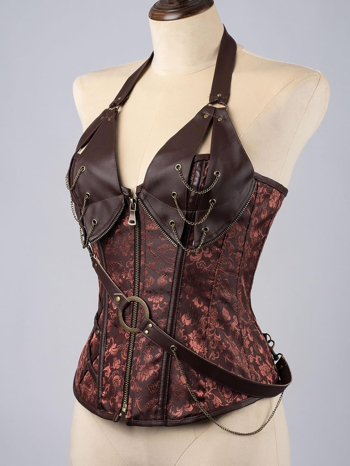 Cosfun Womens Leather Halter Corset Top Steampunk Corsets Bustiers Front Open Breast Zipper Lace-Up Back - Image 2