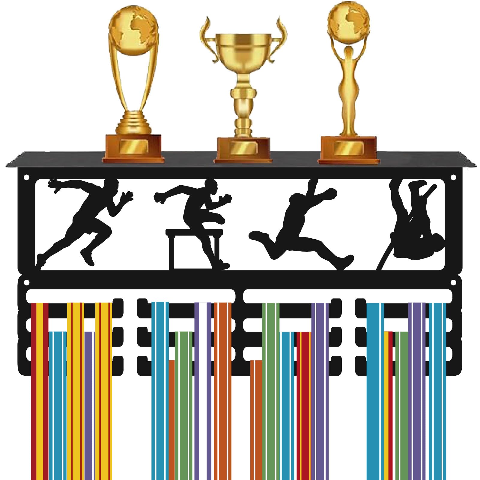 CREATCABIN Perchero para Medallas de Atletismo Soporte para Trofeos de Metal Negro de Hierro para Montaje En Pared con Capacidad para 60 o Más Medallas Premios Cintas Organizador Expositor 40x20x10cm