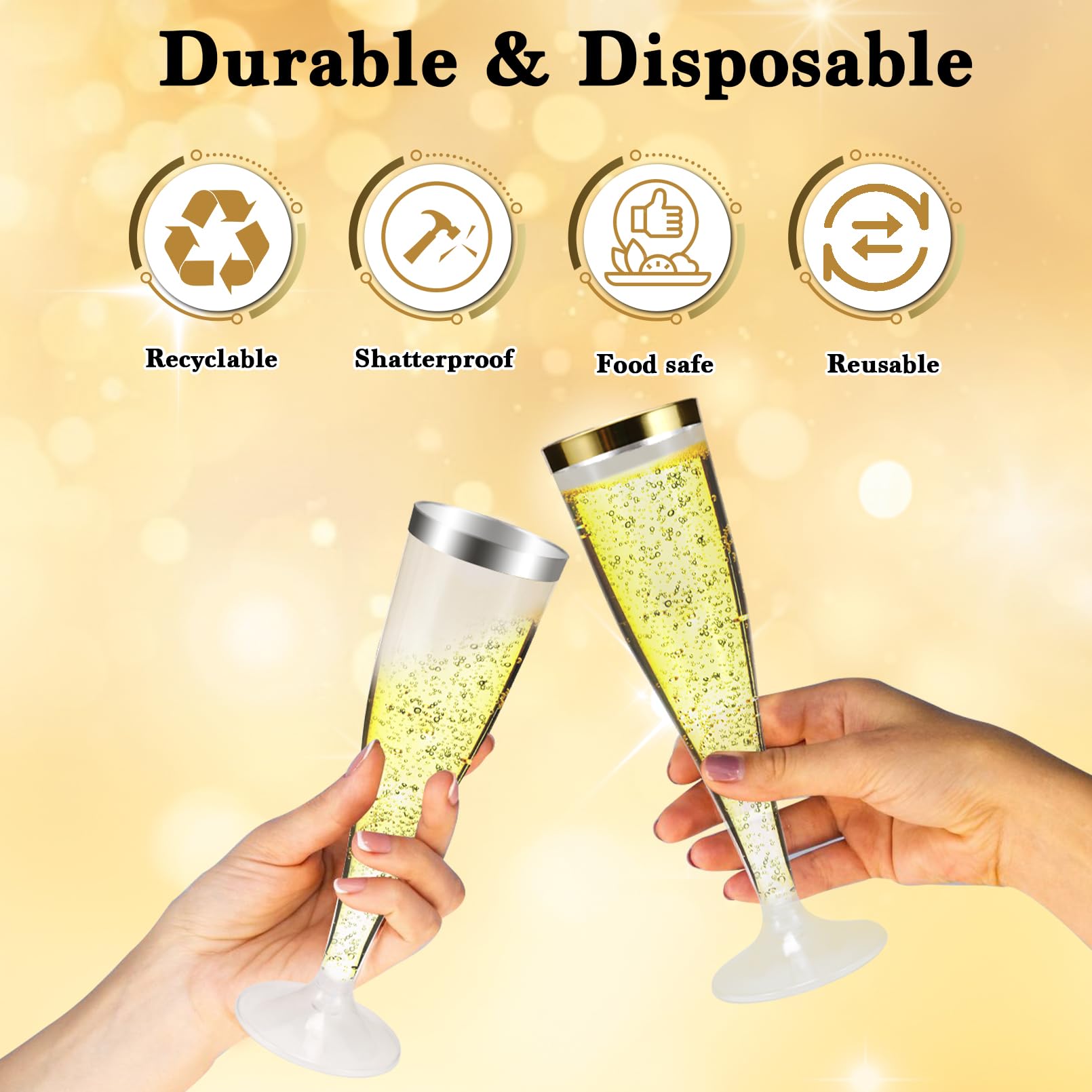 Paquete de 100 copas de champán de plástico, copas de champán de plástico con borde plateado de 4.5 onzas, flautas de champán desechables transparentes, copas de brindis desechables para