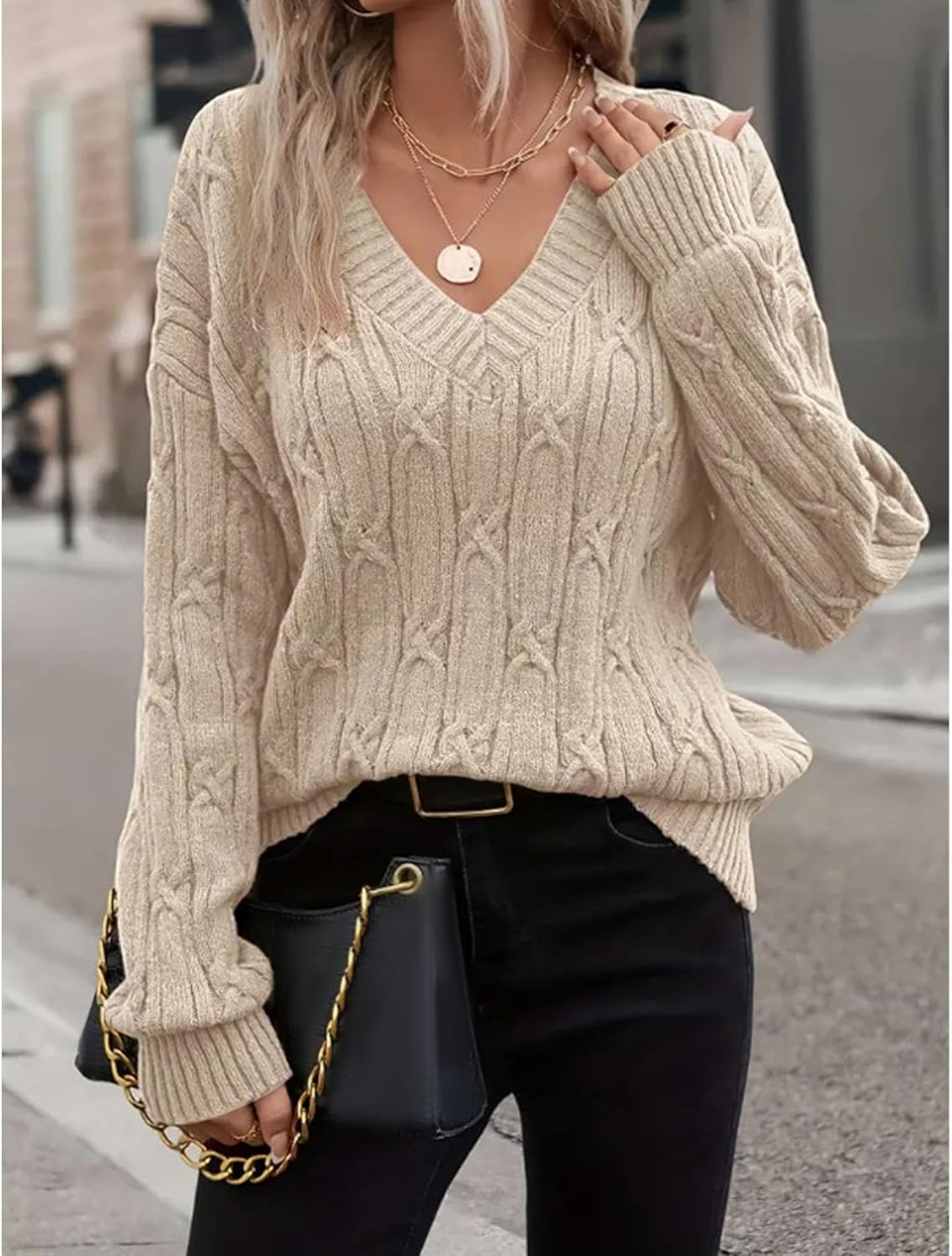 Sexyshine Women's Winter Fall Sweaters Casual V Neck Long Sleeve Cable Knit Crochet Sweater Jumpers - Image 4