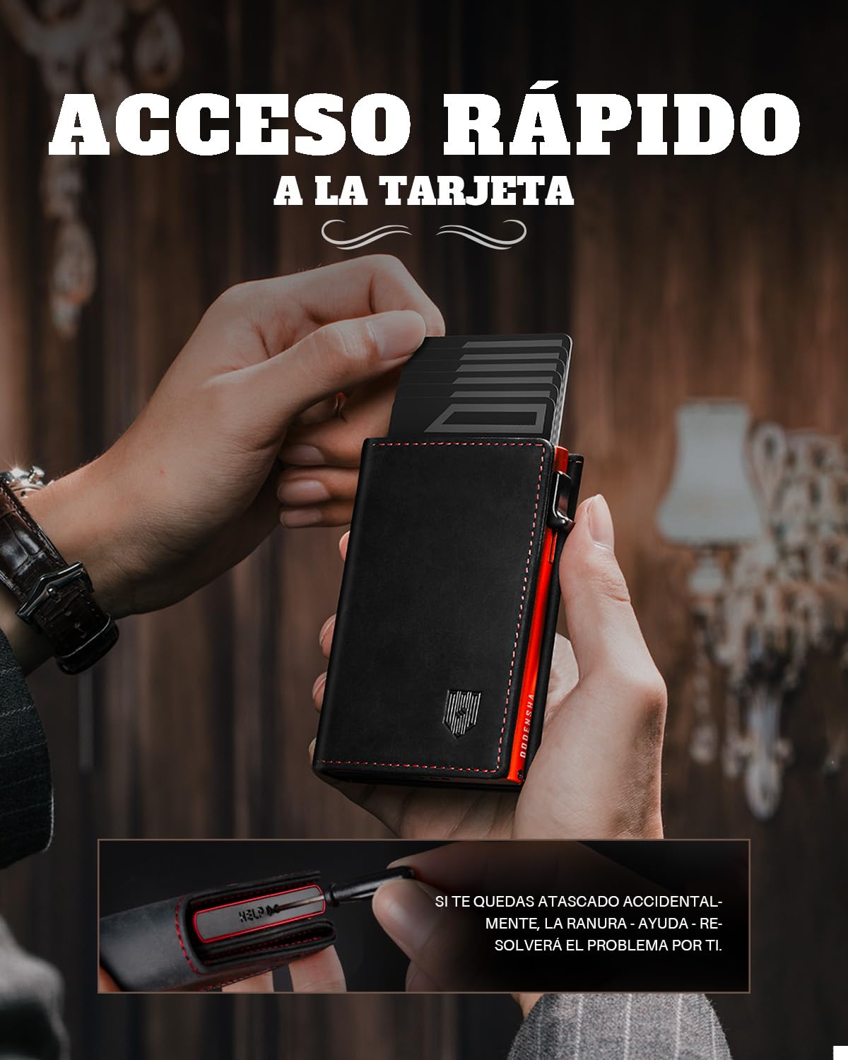 DODENSHA Cartera de Hombre Portátil de Cuero Genuino Marrón con Protección RFID, 10+ Tarjetas de Crédito, Portamonederos, Cierre Magnético, negro / rojo, 10cm x 6.5cm x 2cm, Minimalista