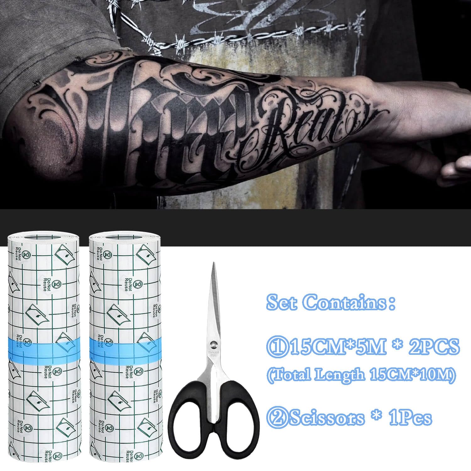 Waterproof Bandage 15cm*10m Cerotto Impermeabile(Con Forbici) Second Skin Tattoo 丨Pellicola Tatuaggi,Copri Tatuaggi Waterproo per Polsi, Spalle, Braccia, Medicazione di Ferite, Scudo Protettivo