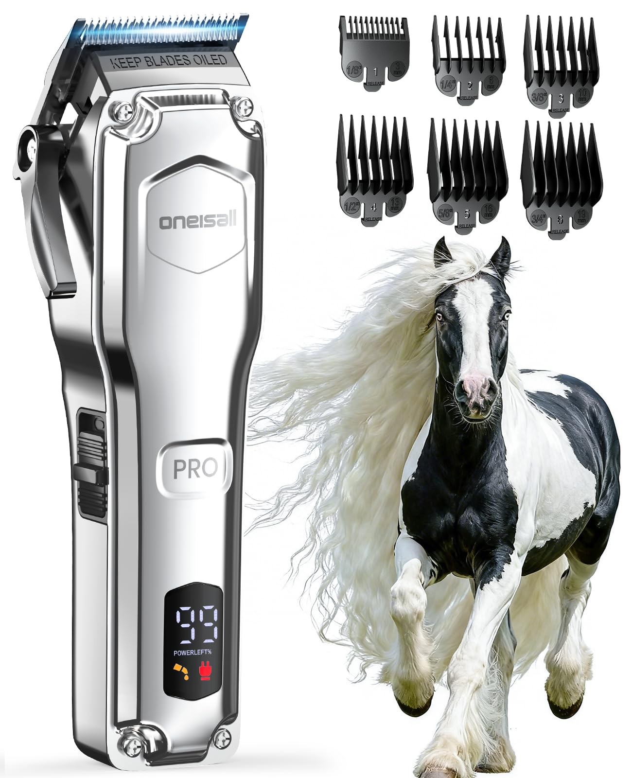Oneisall Máquina Cortapelo para Caballos Inalámbrica 6 Accesorios Cuchilla Acero Extraíble Silenciosa Pelaje Grueso 4h Autonomía
