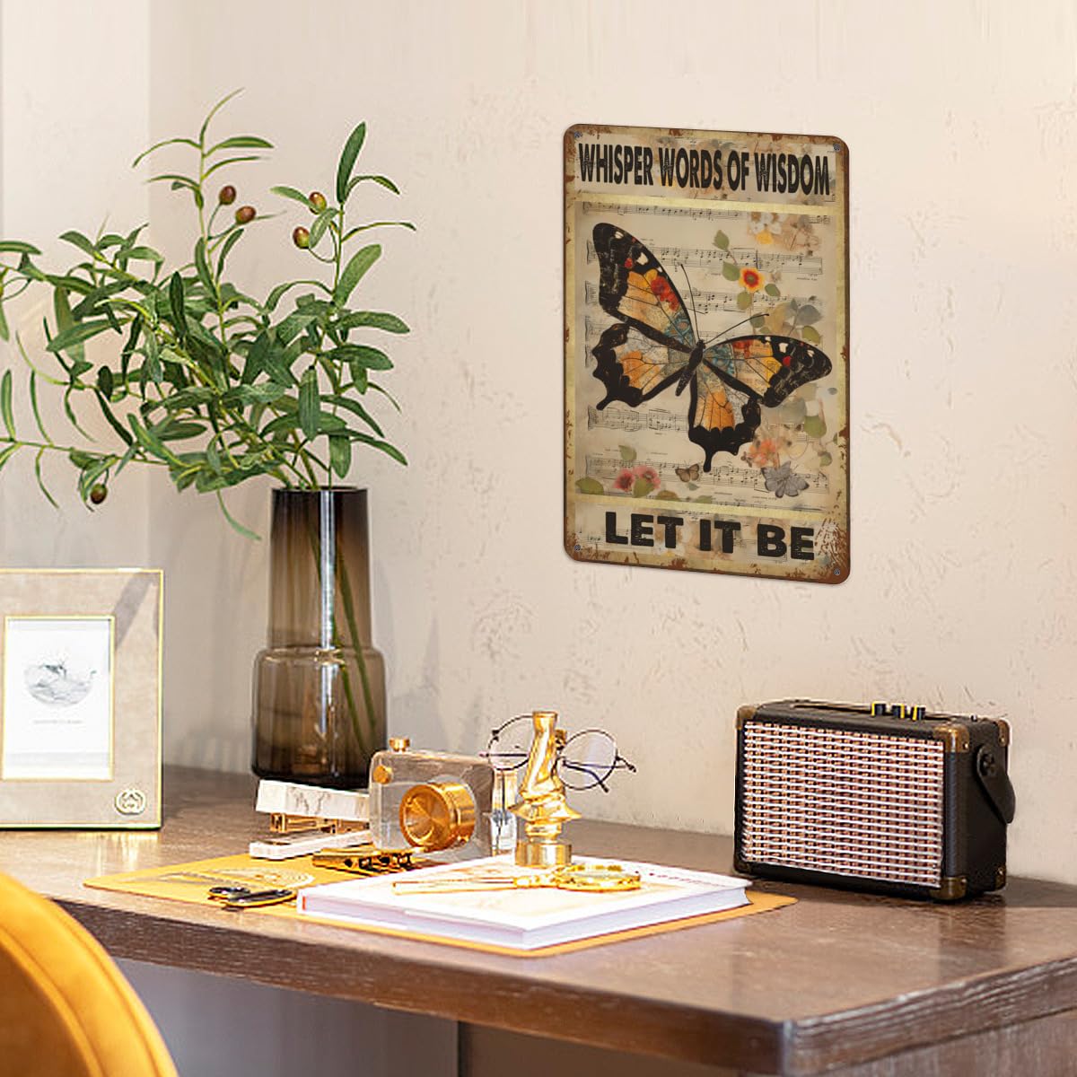 Targa Metallica Vintage 'Whisper Words Of Wisdom Let It It' | 20x30 Cm | Insegna Da Parete In Latta | Decorazione Hippie Per Cucina E Soggiorno