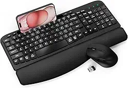 Combo de teclado e mouse sem fio, teclado ergonômico Wave Keys com descanso almofadado, suporte de telefone, conjunto de mouse sem fio silencioso de 6 botões de 2,4 GHz para laptop, PC, Windows, Mac