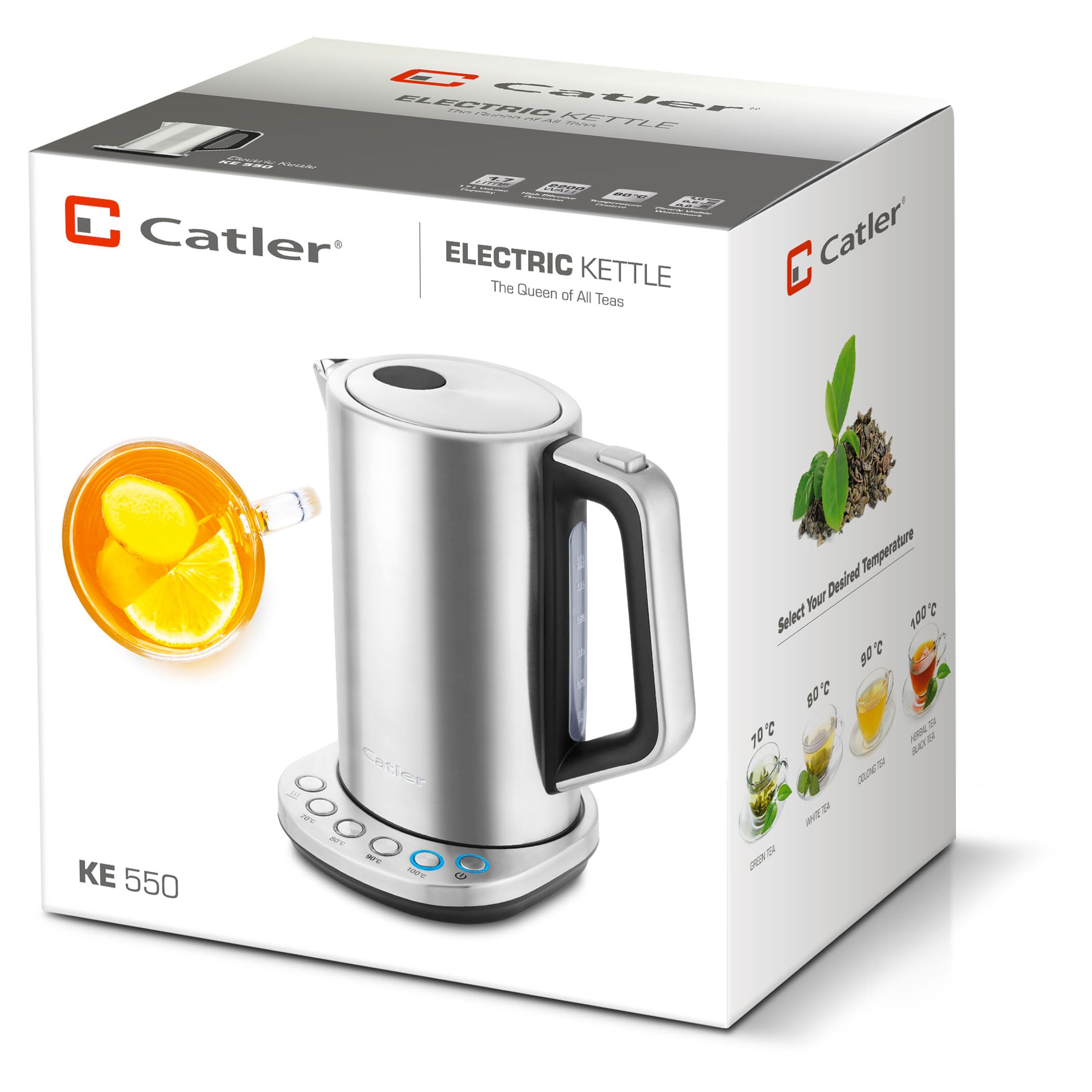 Czajnik elektryczny Catler KE 550 ze stali nierdzewnej, 1,7 l, 2200 W, regulacja temperatury 70-100°C, funkcja utrzymywania ciepła, automatyczne wyłączanie, podświetlana konstrukcja