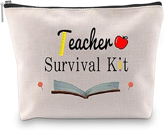 PXTIDY Teacher Survival Kit Teacher Appreciation Gifts Makeup Pouch Cosmetic Bag for Women Teacher Bag Teacher Supplies for Classroom Best Teacher Ever Gift (Beige)