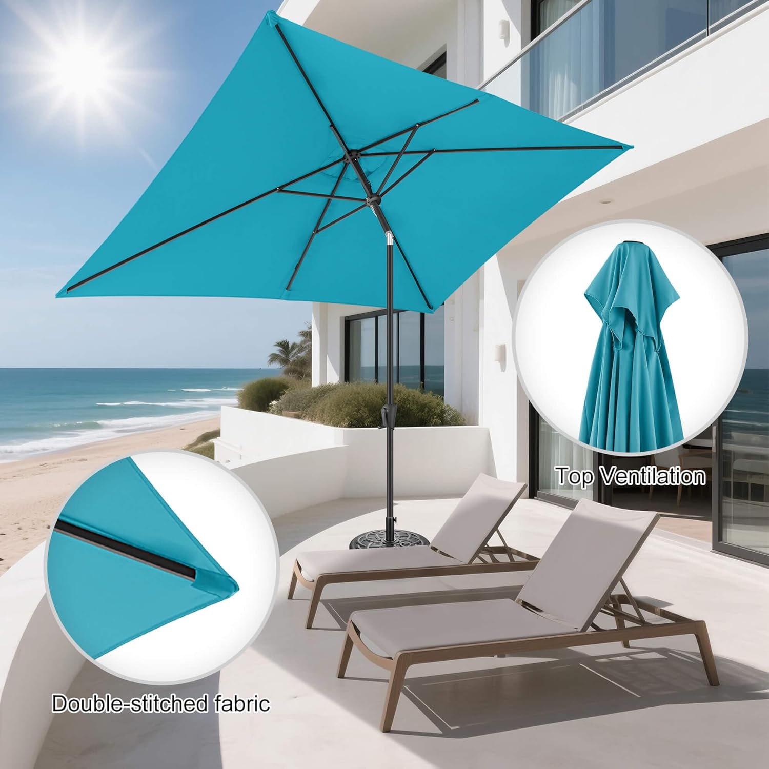 FLAME&SHADE 6.5 x 10 ft Rectangular Patio Umbrella with Push Button Tilt & Crank, Table Market Rectangle Rectangle Umbrella Outdoor for Yard, Pool, Garden, Porch(Aqua Blue)