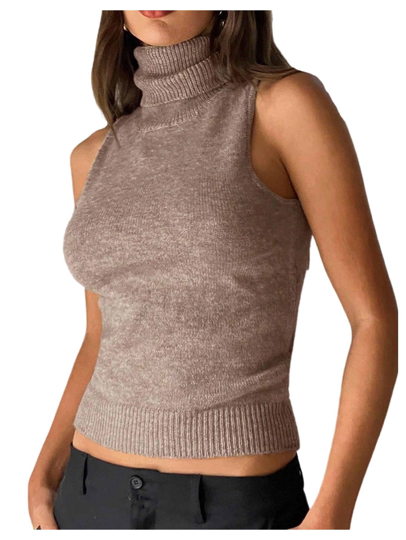 WDIRARA Womens Turtleneck Sleeveless Sweater Vest Basic Pullover Ribbed Knit Tank Tops