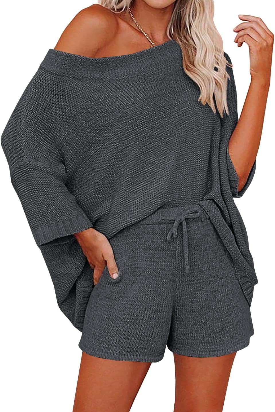 Ermonn Womens 2 Piece Outfits Sweater Sets Off Shoulder Knit Tops Waist Short Suits Casual Pajama Set