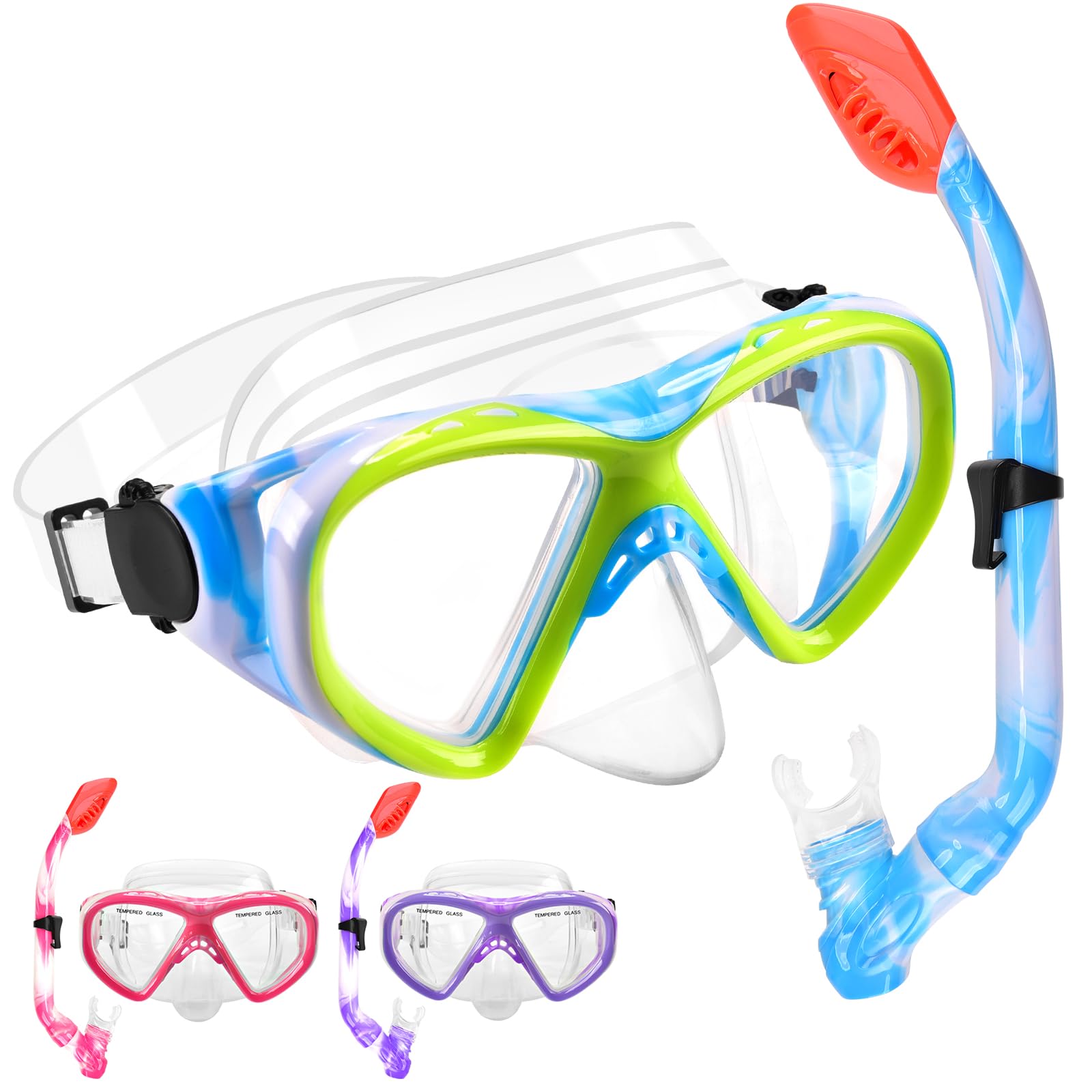 WOVOKA Gafas de Buceo para niños con esnórquel, Juego de esnórquel Profesional con máscara de Buceo antivaho, antifugas y esnórquel seco para niños y niñas, 3 Colores a Elegir (Azul)