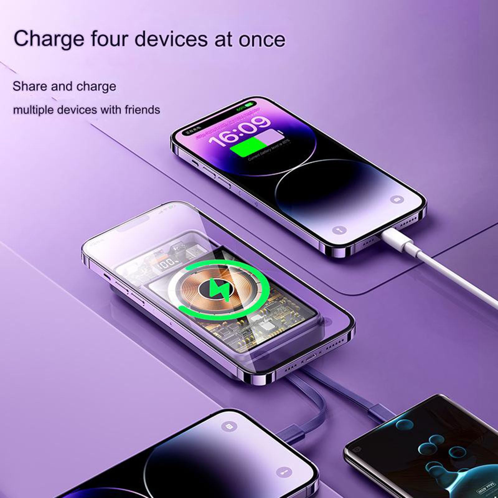 Power Bank, ricarica wireless magnetica integrata da 15 W, 10000 mAh, può caricare 5 dispositivi contemporaneamente,A
