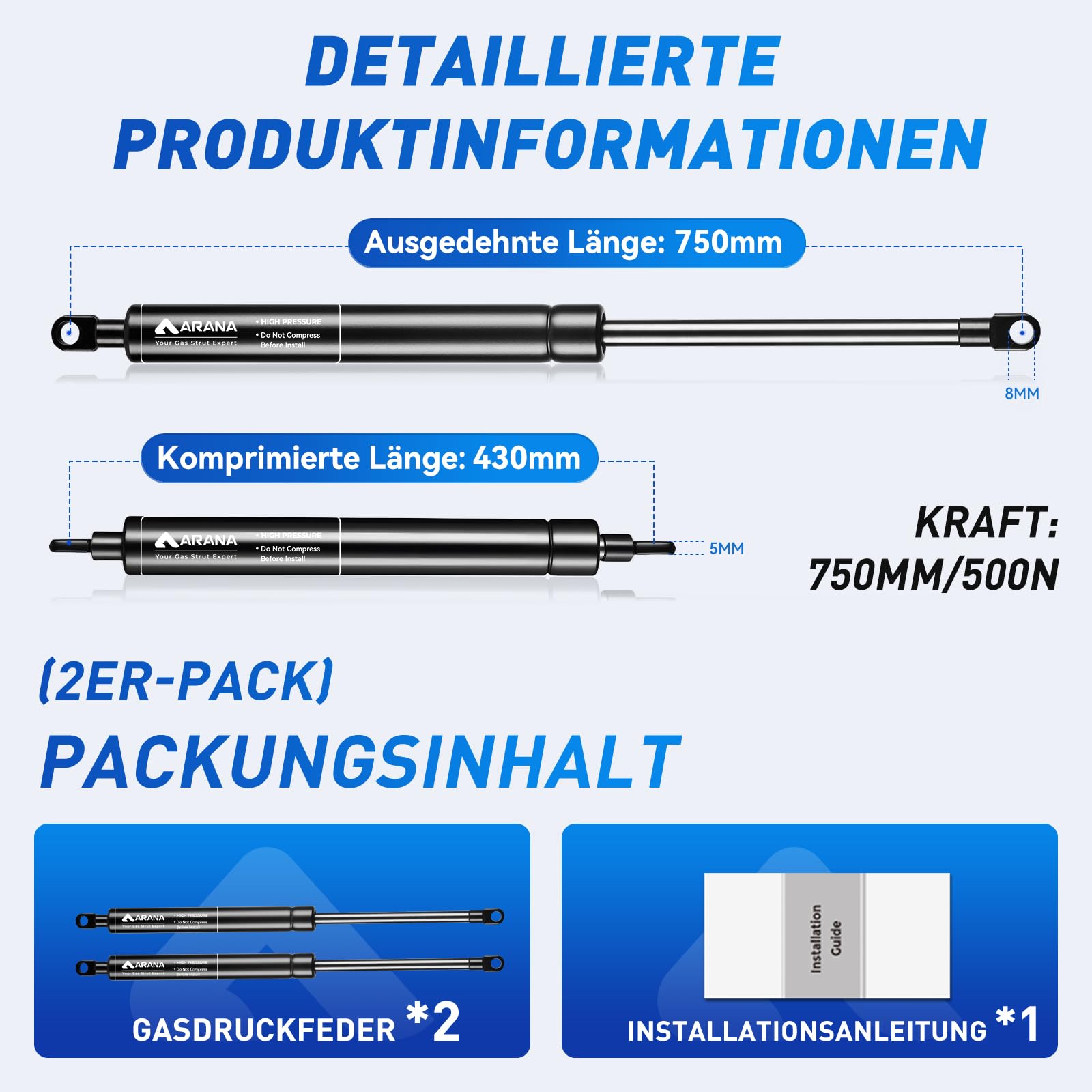 ARANA 750 mm, 500 N, molle a gas, 75 cm, 51 kg, ammortizzatore a gas di ricambio idraulico, per camper, porta dell'armadio, scatola dei giocattoli, banca LId e applicazioni creative fai da te, 2 pezzi