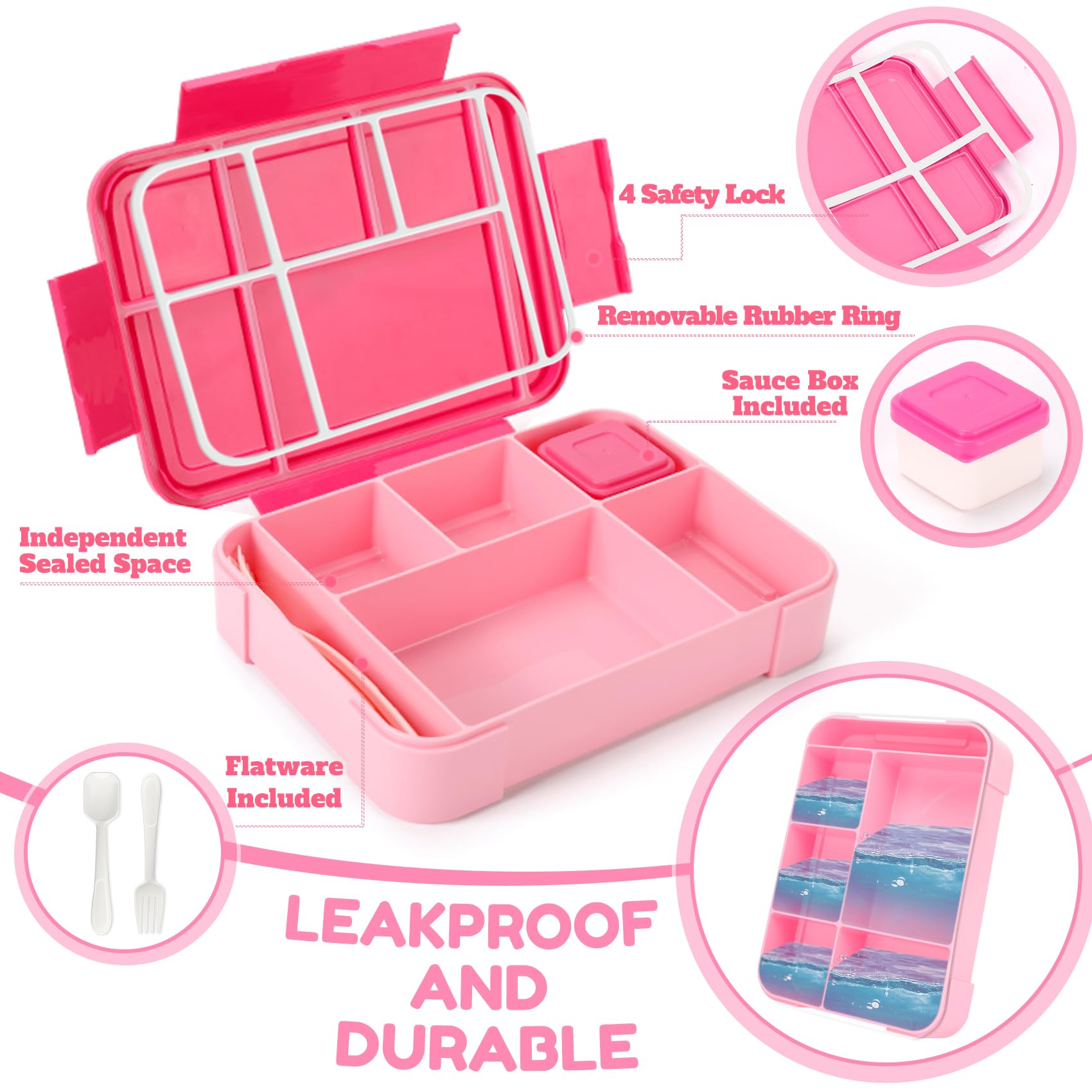 Porta Pranzo Bento Box Ermetico 1330ml Con 5 Scomparti - Lunch Box Per Scuola, Ufficio E Picnic - Foto 2