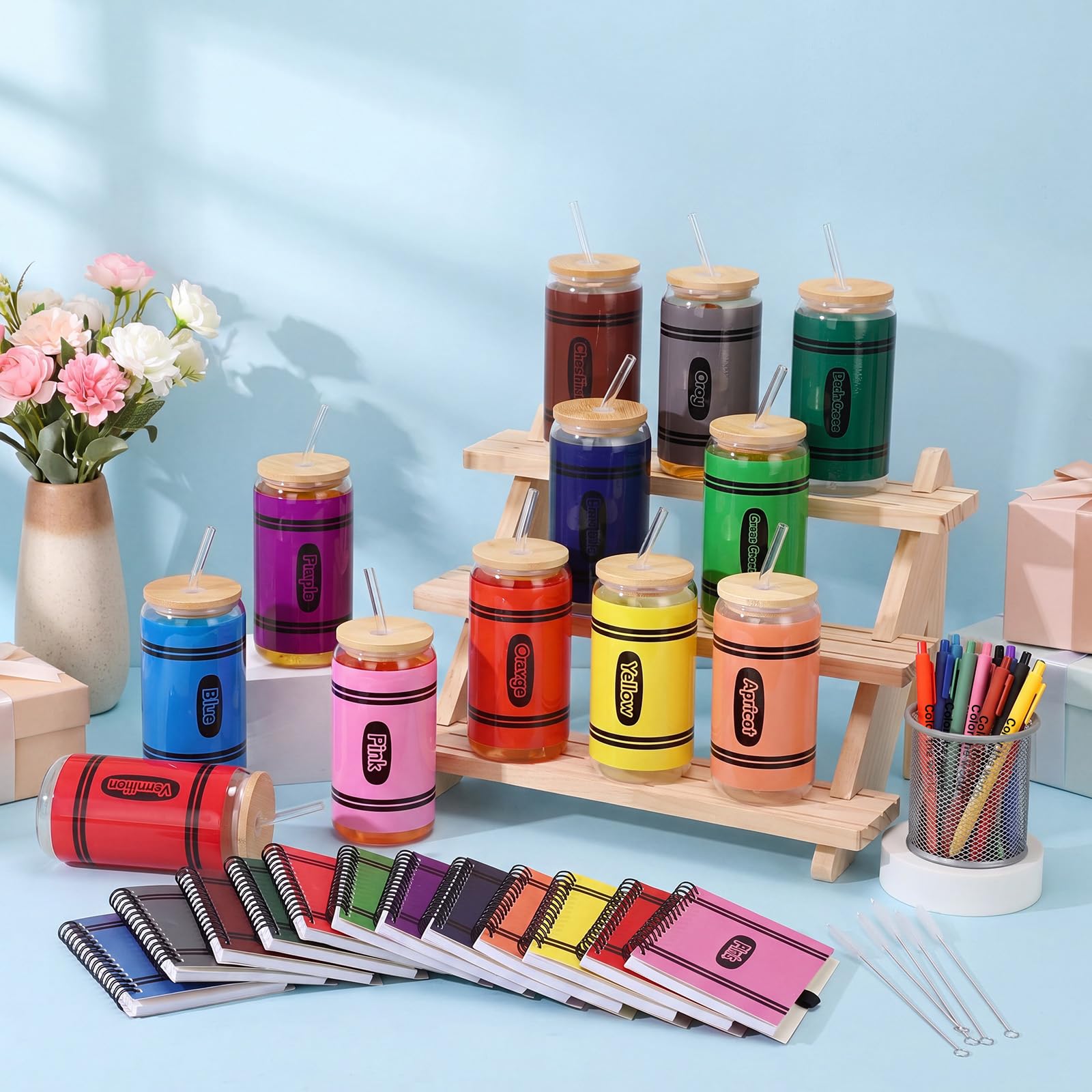 Skylety Lot de 36 gobelets en verre de 473,6 ml avec couvercles, pailles, carnets à spirales, stylos adhésifs pour le personnel d'équipe, les collègues (crayon)