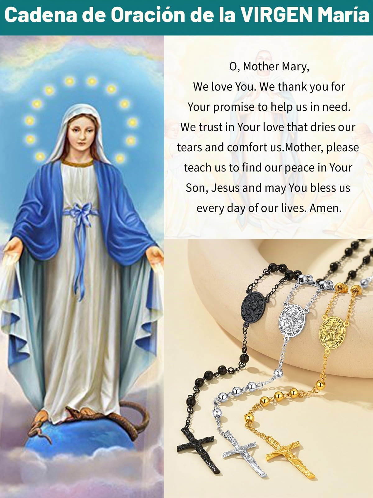 Supcare Collar Rosario Católico Hombre Mujer Collar Cristiano Acero Inoxidable 316L con Medallas Virgen María, San Cristóbal y San Miguel, Cadena Rosario para Rezo, Colgar en Coche y Uso Diario