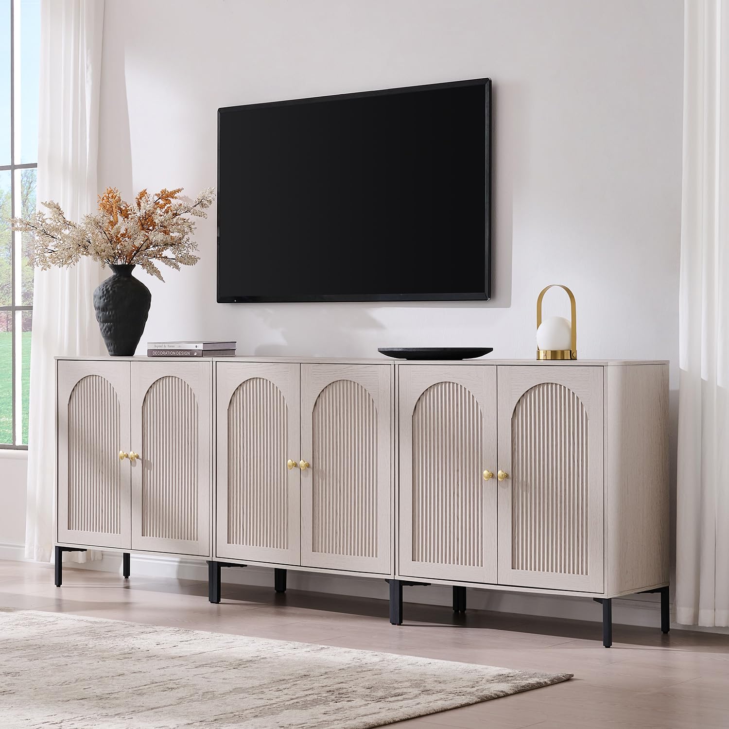 IFGET 92.63"W Modern Arch Sideboard Buffet Cabinet with Storage, Light Grey