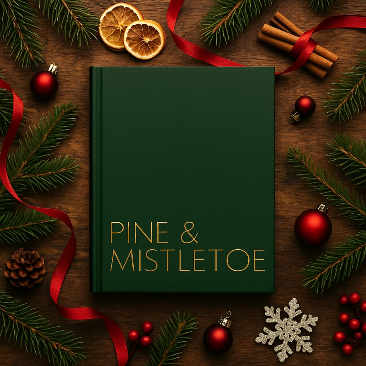 PINE & MISTLETOE Decorative Christmas Coffee Table Book: Large Green Hardcover Holiday Display Book for Home Décor, Mantel, Bookshelf & Shelf Styling – Matte Finish Blank Pages