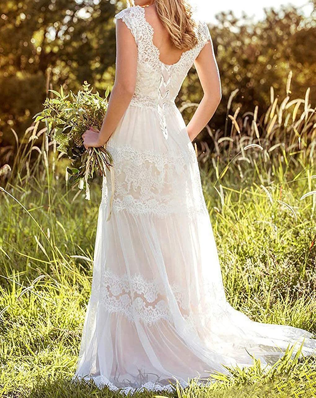 Elegante Vestido de Novia Simple Encaje Playa Bohemio Moda NEANial, Marfil, 42