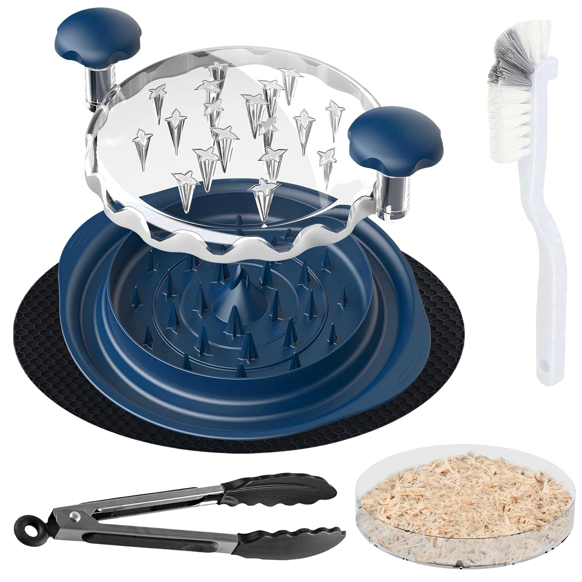 Trase A Chicken Shredder Tool Twist with Tongs & Cleaning Brush|Meat Shredder with Transparent Lid with Anti Slip Base, Ergonomic Grip & Heat-Resistant, Ideal for Chicken, Beef & Mutton (Blue)