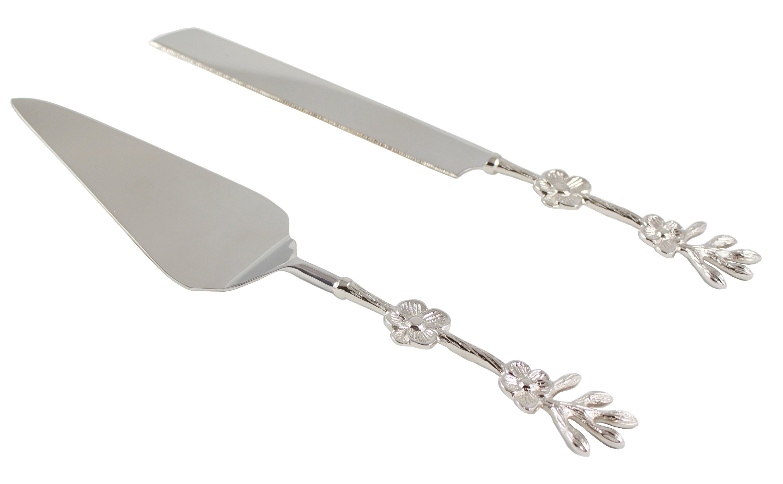 Server Set, Cake, Pie, Desert Flatware Set, Flower design, 2-piece 18/10 Stainless steel with brass handles (light antique silver finish)