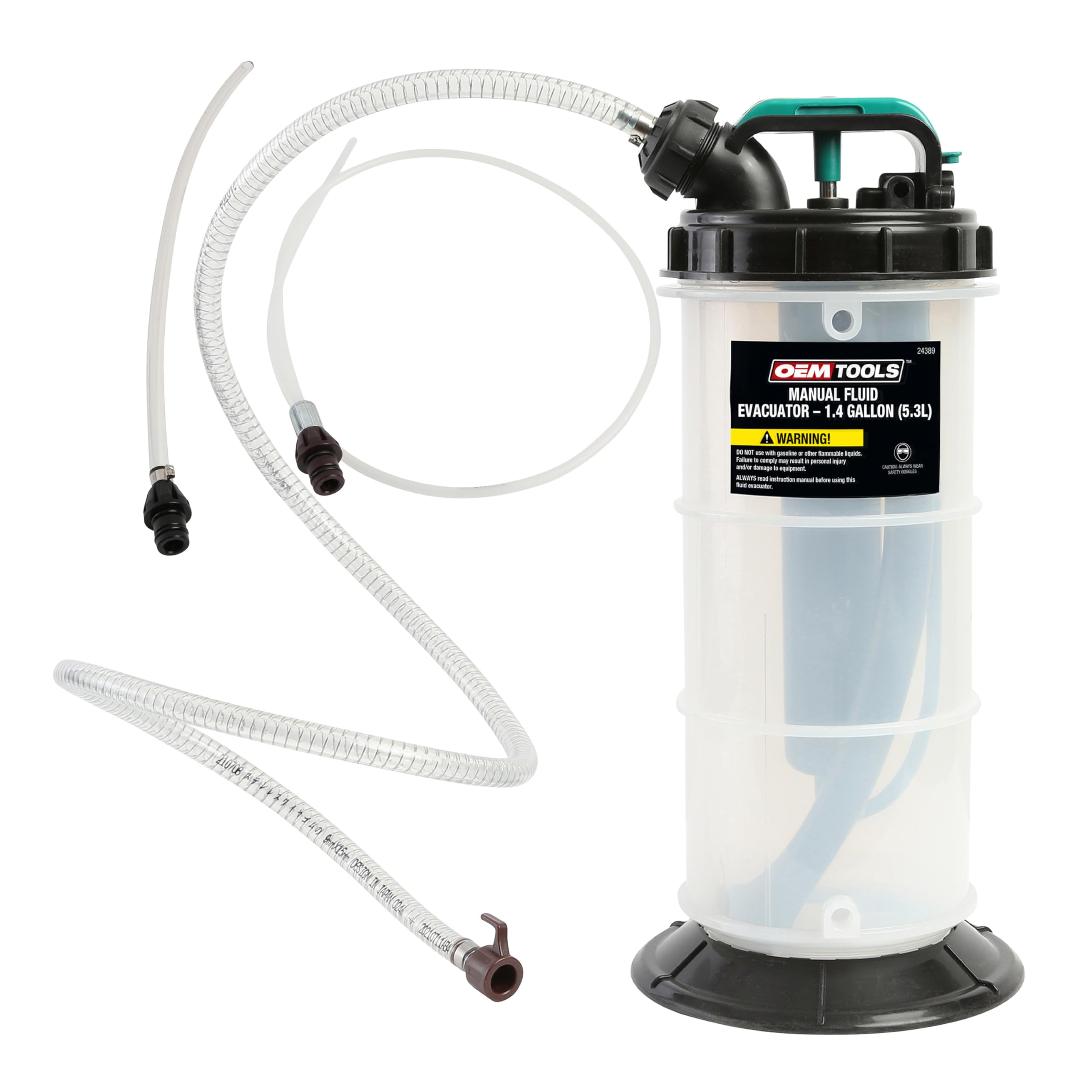 OEMTOOLS 24389 Manual Fluid Extractor Pump, 1.4 Gallon (5.3L) Oil Extractor Pump Capacity, Use for Oil, Coolant, and Transmission Fluid, 2 Dipstick Adapters, 5ft Hose
