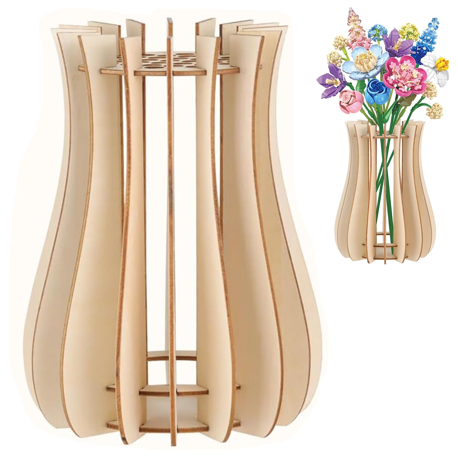 RXKFIG Wooden Vases for Lego Flower Bouquet Arrangements Vase Compatible with Lego Flowers Fake Bouquet Building Block Set Display Stand Arrangement Home Decoration（small）