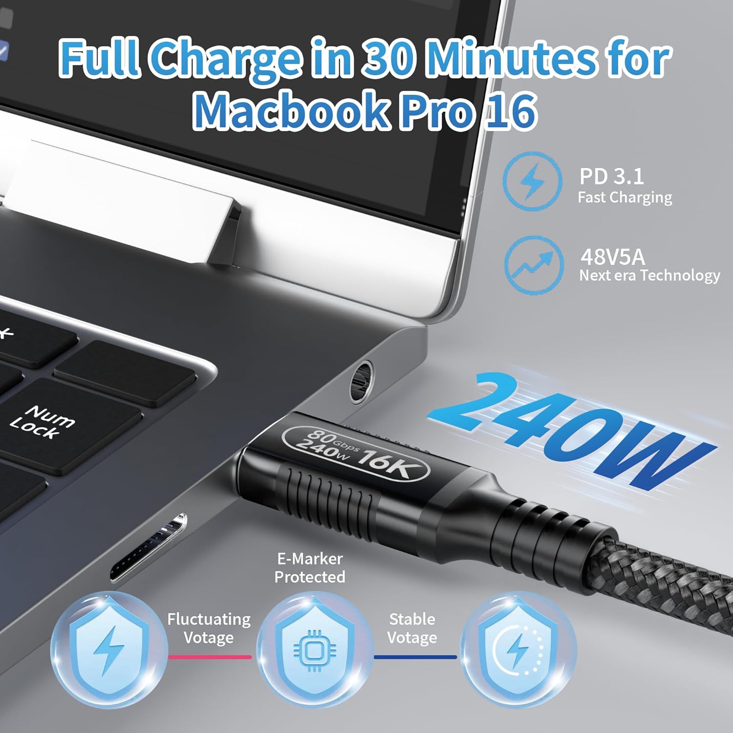 6.6ft/2m USB C Extension Cable- Compatible with Thunderbolt 5/4/3 & USB5/USB4- Male to Female Extender, Supports 16K/8K Display, PD 240W Charging, 80Gbps Data Transfer,for M_acBook,eGPU, SSD, Laptop - Image 3