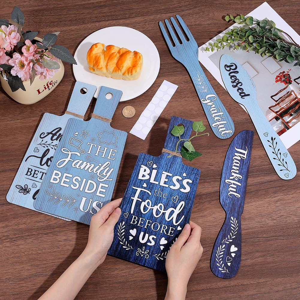 PH PandaHall 6pcs Kitchen Wall Decor Bless Food Sign Set Wall Table Accessories Wooden Pendant Decorations Mini Plaque Fork Spoon Shape Sign Rustic Style Home Dector Blue, 11x5.5 inch/11.8x2 inch image 3