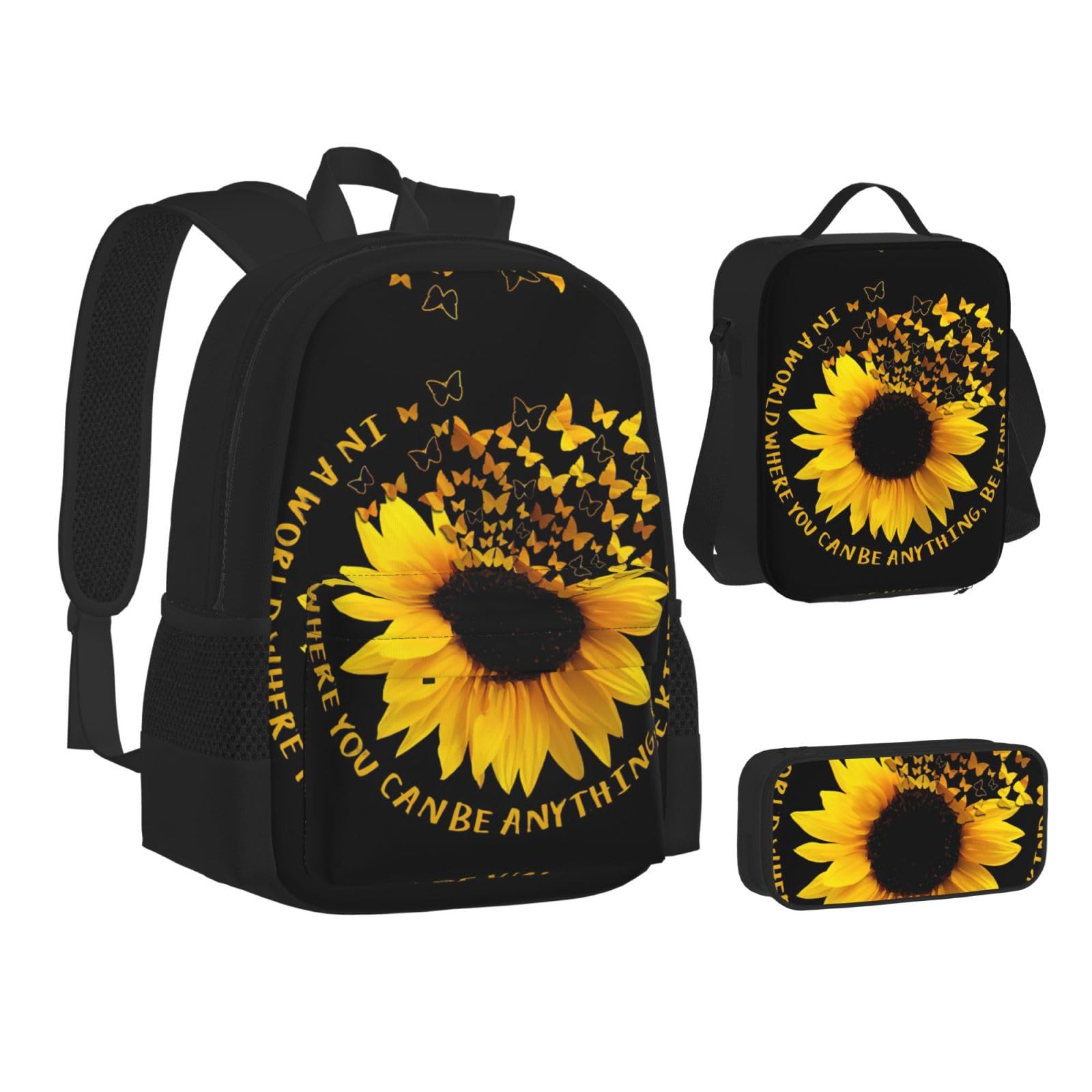 Juego de 3 mochilas escolares con estampado de mariposas y girasoles, mochila para laptop resistente al agua de gran capacidad con bolsa de almuerzo aislada y estuche para lápices para